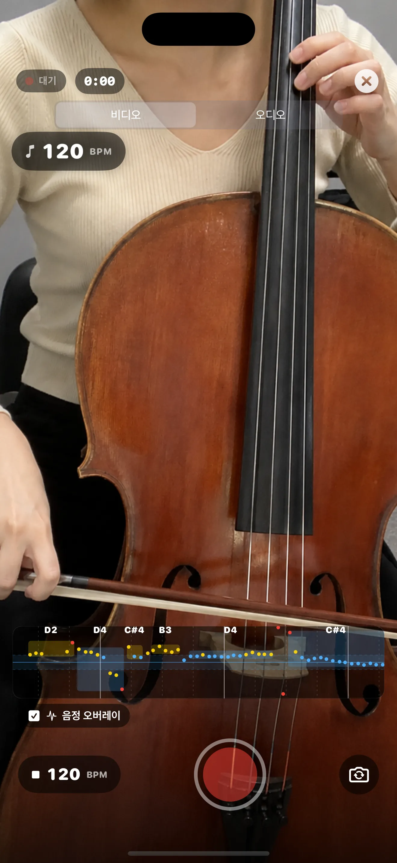 ttuner recording a practice video with the live pitch + BPM overlay